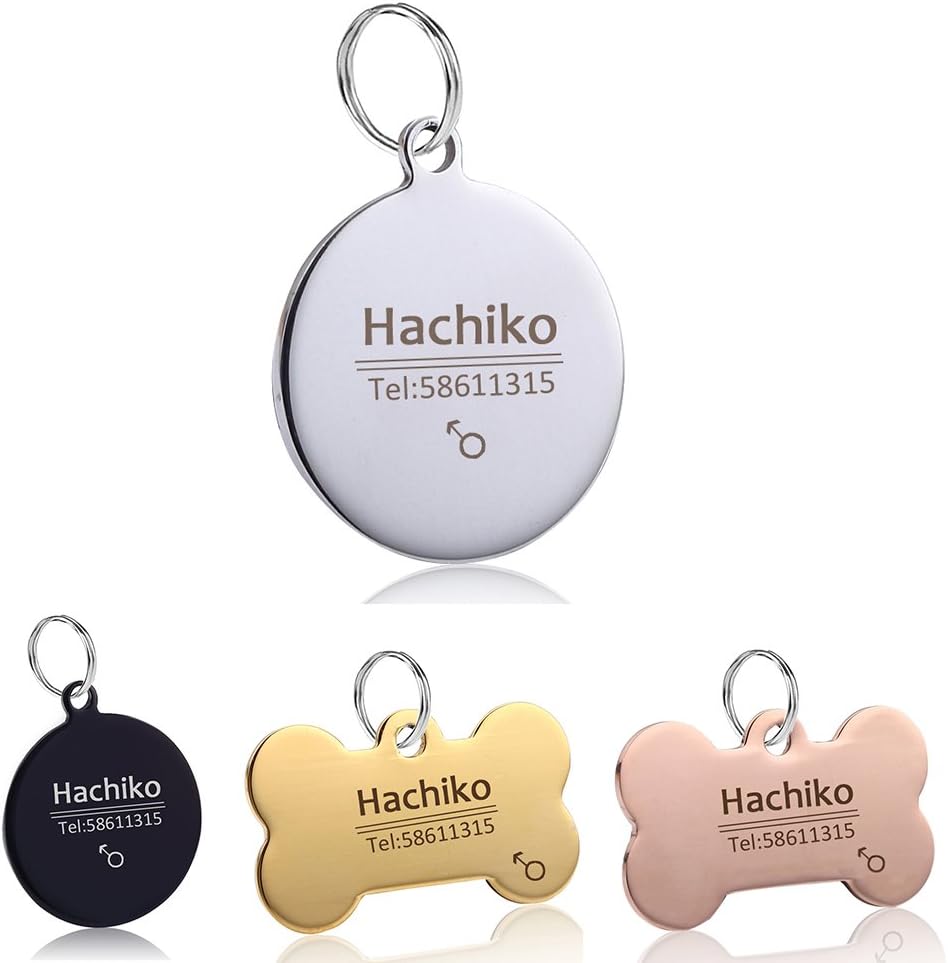 Custom Dog Collar Stainless Steel Dog cat tag Free Engraving Pet Dog Collar Accessories ID tag Name Telephone Personalized (Silver Circular, M)
