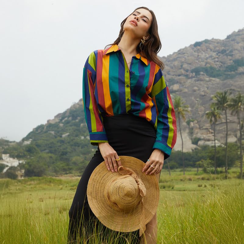 Image of PINACOLADA Women's Solid Oversized Shirt for Casual Wear | Spread Collar | Long Sleeve | Button Closure | Oversized Shirt Crafted with Comfort Fit for Everyday Wear