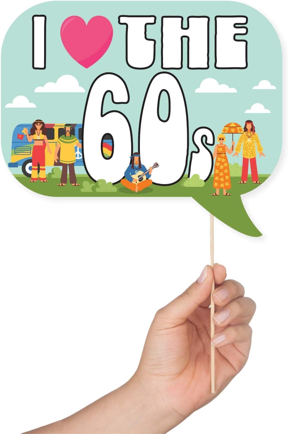 60s Photo Booth Props - 41-pc Photo Booth Kit with 8 x 10-Inch Sign, 60 Adhesive Pads, 45 Sticks - Hippie Photo Booth Props - 1960 Party Supplies - Props for Woodstock Party