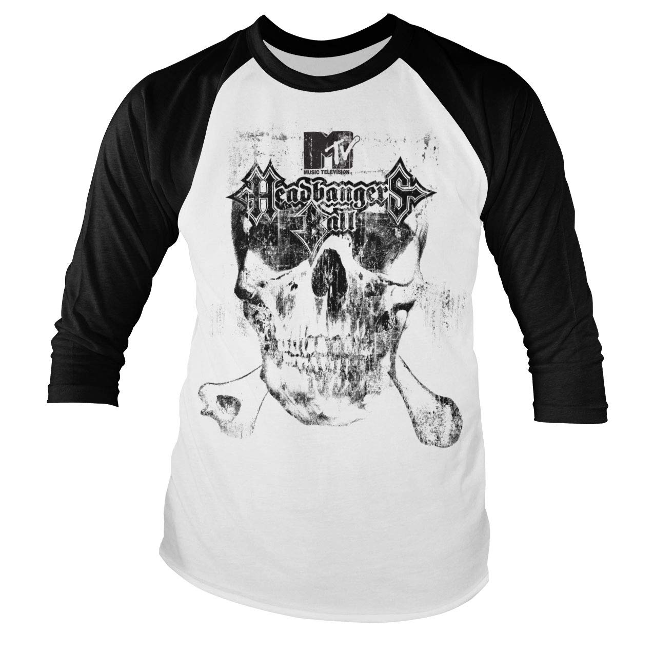 MTV Officially Licensed Headbangers Ball Baseball Long Sleeve T-Shirt (White-Black), XL