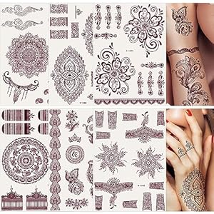 6 Sheets Henna Tattoo, Mandala Flower Temporary Tattoo Stickers for Women, Fake Tattoos Henna Stickers, Waterproof Red Ink Body Art Stickers.
