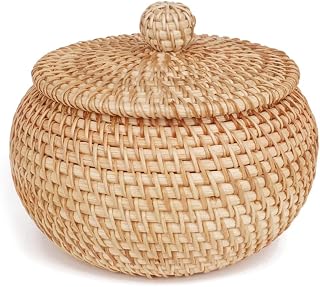 Gewebtes Aufbewahrungsbox aus Ratten mit Deckel, Natürliches Brotkorb Obst-/Snack-Korb Schreibtisch-Organizer, Geschenk Box, Schmuck Organizer, Klein Dekorativer Geschenkkorb, 15 * 12cm