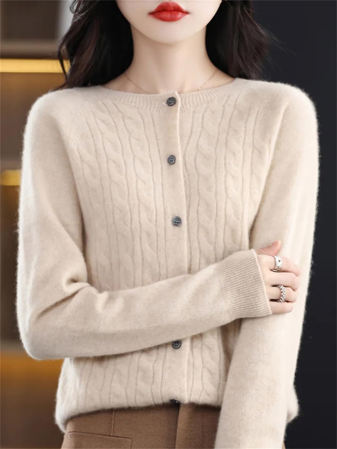 Maglione di lana merino del cachemire del O-Collo delle donne del cardigan lavorato a maglia maglieria ritorta