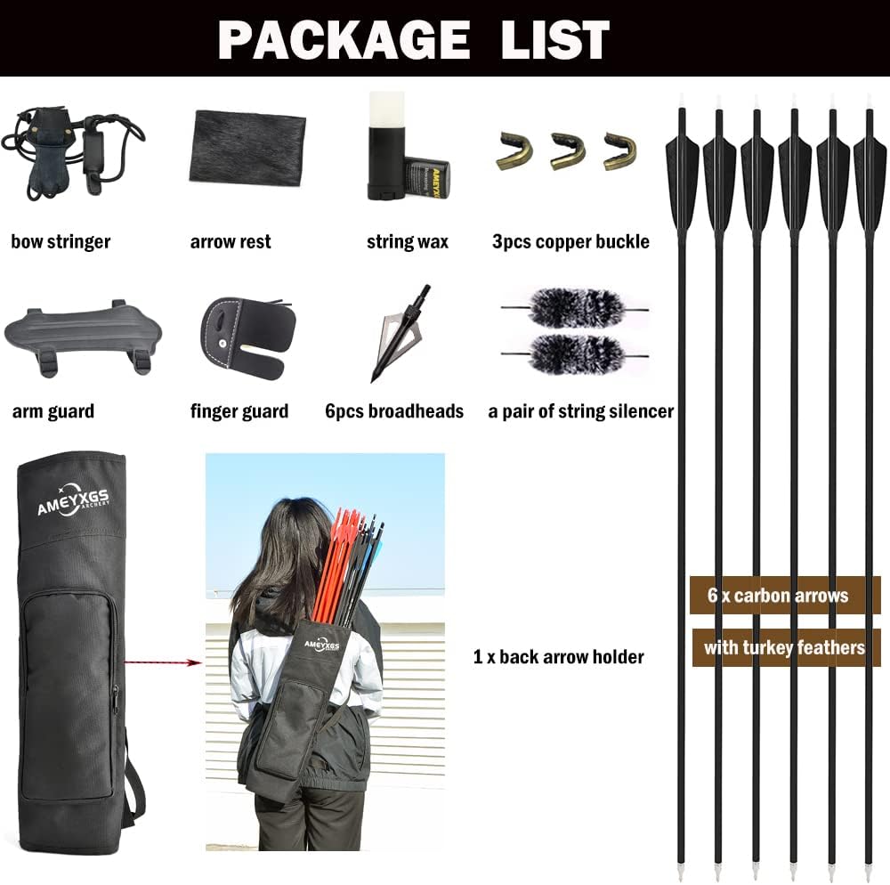 ZSHJGJR Archery 60 Inch Black Hunter Original Recurve Bow and Arrow Set for Adults American Hunting Longbow Archery Bow 25-60lbs Right Handed for Archery Hunting Target Shooting