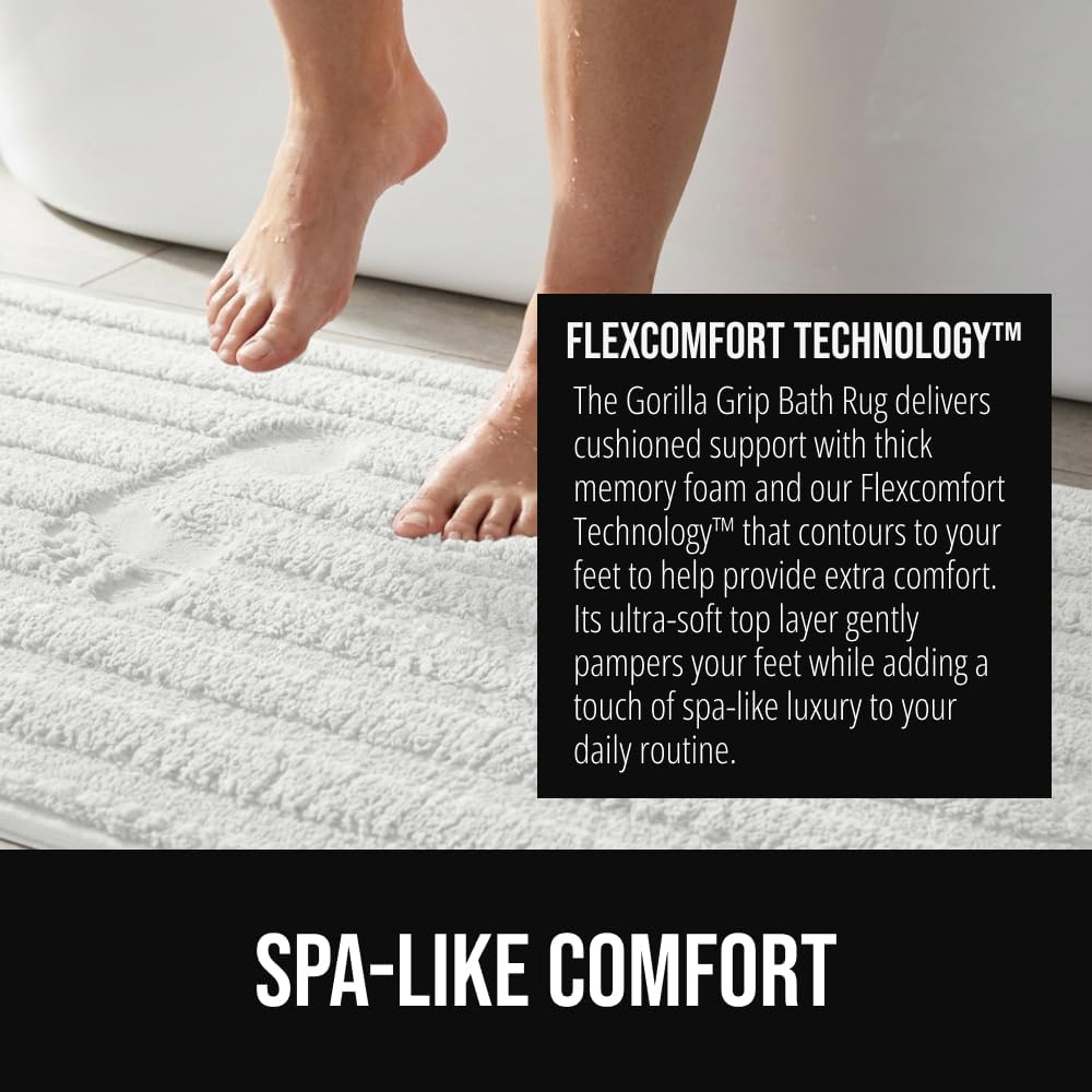 GORILLA GRIP Textured Backing Bathroom Rugs, Soft Memory Foam Absorbent Striped Bath Mats Set of 2, Machine Washable Fade Resistant, Floor Bathmat, Home Decor Shower Essentials, White 24x16 and 30x18