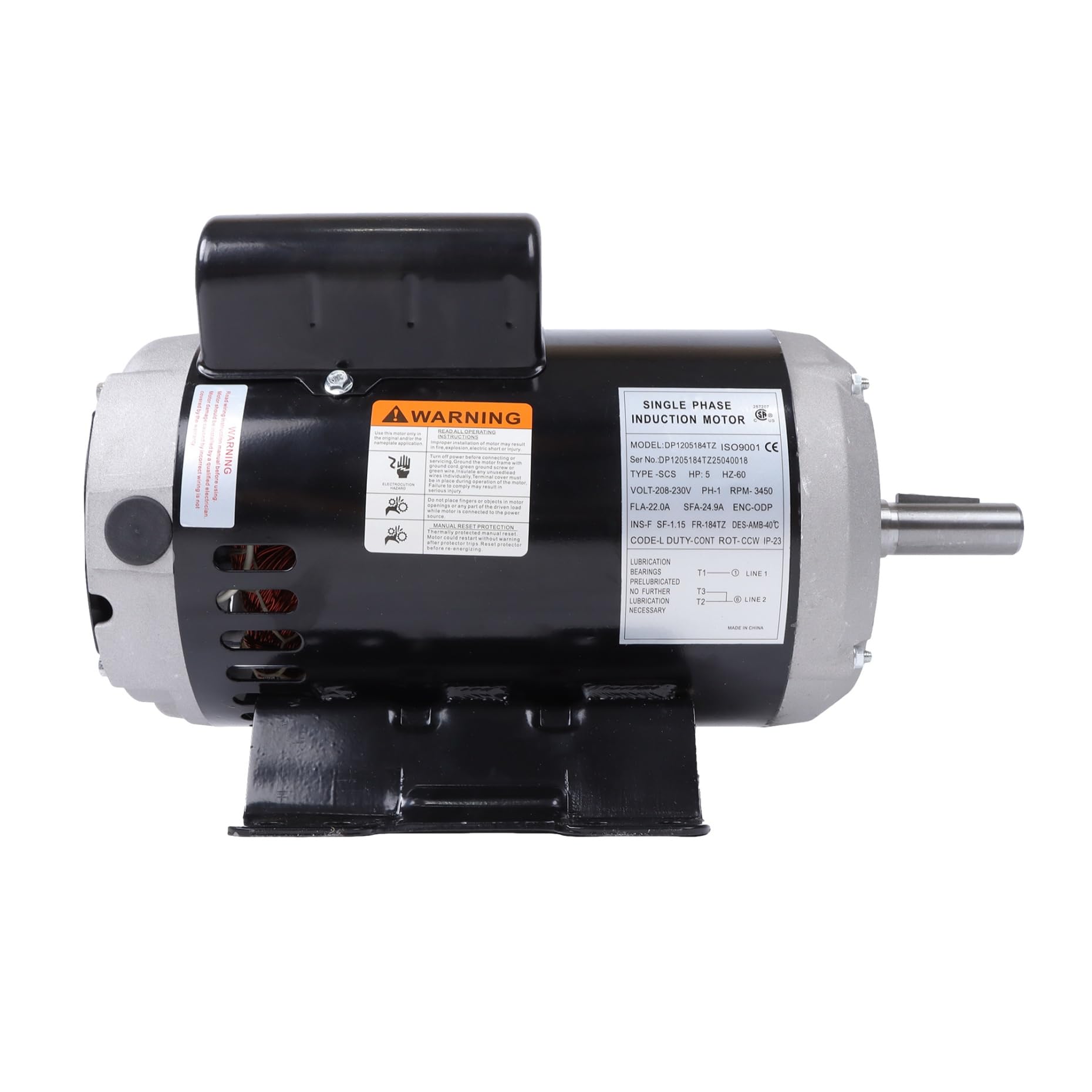 5HP 184TZ Frame Air Compressor Motor, 3450 RPM Single Phase, 230V