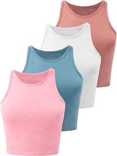 Cotton Crop Tops for Women Workout Cropped Tank Top High Neck Camisole Yoga Shirts Athletic Undershirts 4 Pack Coral/White/Blue/Pink S