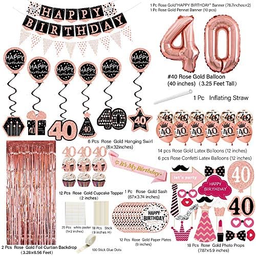 40th Birthday Decorations for Women, Rose Gold Party deko, Pennant, Hanging Swirl, Birthday Balloons, Foil Backdrops, Cupcake Topper, Plates, Photo Props, Birthday Sash