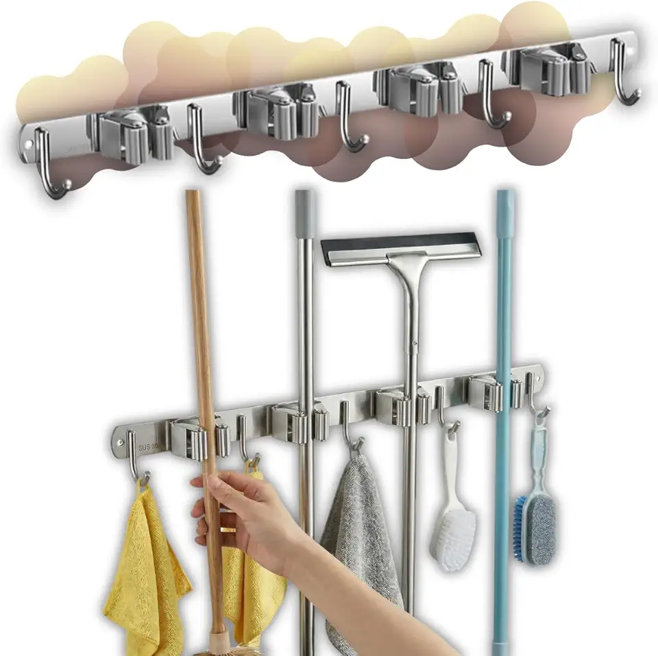 Suporte de Vassoura Aço Inox de Parede 9 Acessórios, 49cm, Organizador Resistente para, Lavanderia e Área de Serviço, com 4 Suportes e 5 Ganchos, Porta Vassoureiro – Qualidade Premium LNSTORE