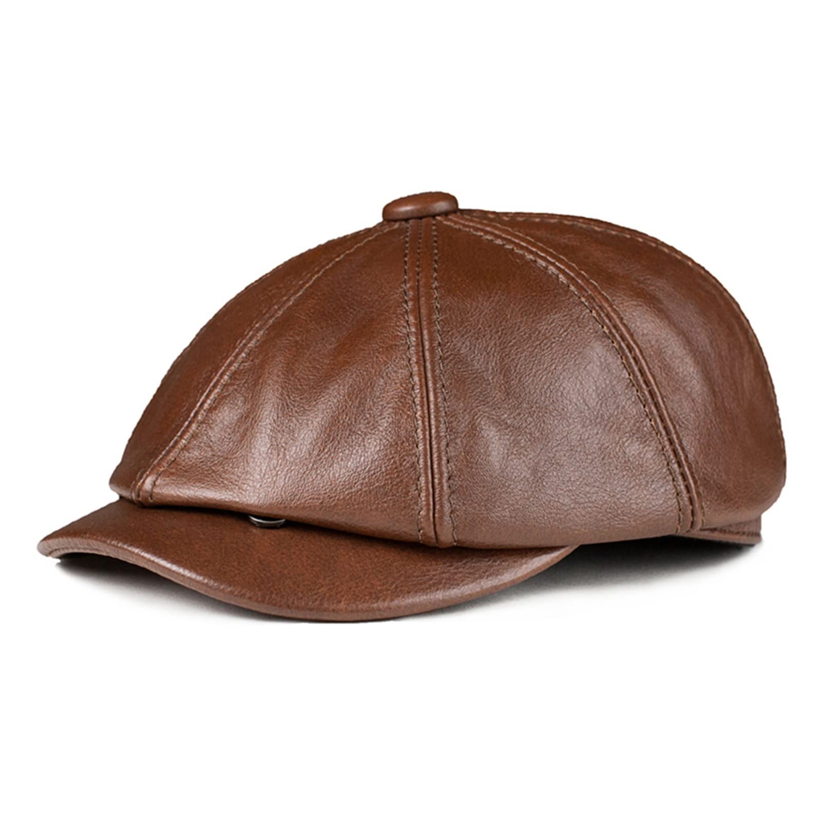 Newsboy Cap Mężczyźni Brązowy Prawdziwej Skóry Ośmiokątny Kowkin Jesień Zima Brytyjski Styl Męski Beret