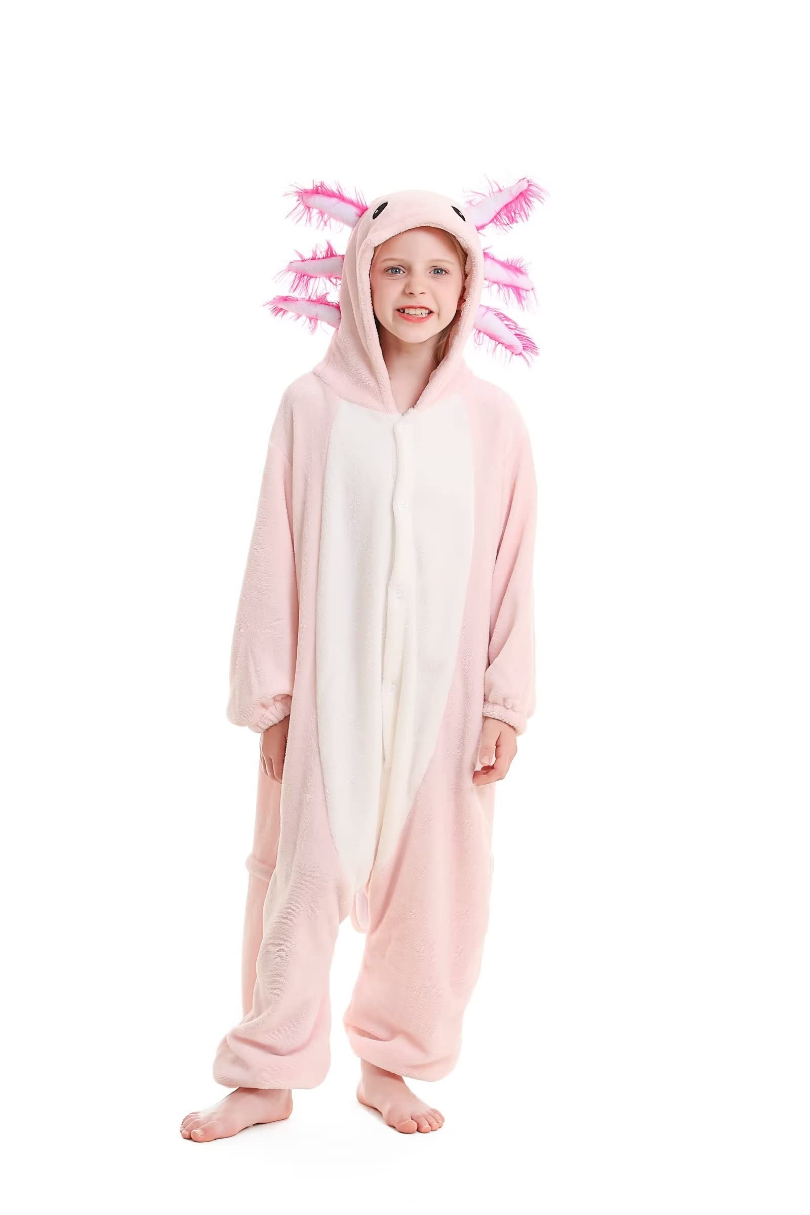 DarkCom Axolotl Onesie for Kids,Flannel AnimalCosplay Halloween Costume Parent-Child Sleepwear for Girls Boys 10-11 Years Pink
