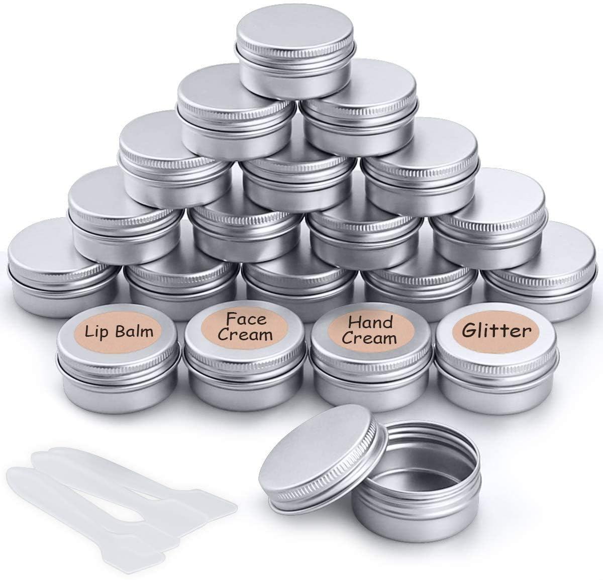 Khazna Cosmetic Jars With Lids 20pcs Empty Cosmetics Container Pots Aluminium Tin Jars with Screw Lids Labels, Sample Powder Makeup Storage (20ml)