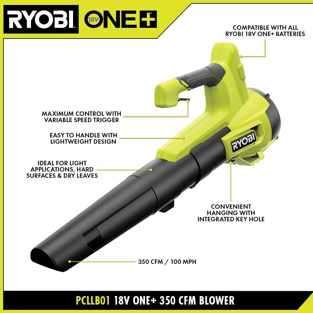 RYOBI ONE+ 18V 100 MPH 350 CFM Cordless Battery Variable Speed Jet Fan Leaf Blower with Battery and Charge (Renewed)