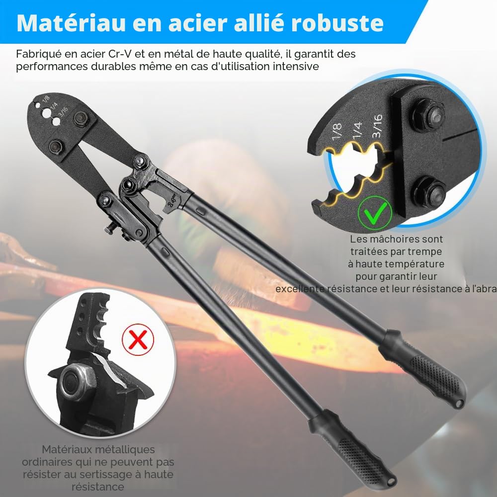 Outil à sertir câble métallique 3,2–6,35 mm, outil de sertissage manuel robuste et lourd avec 40 pièces manchons en aluminium, pour pêche, rambardes et câbles métalliques