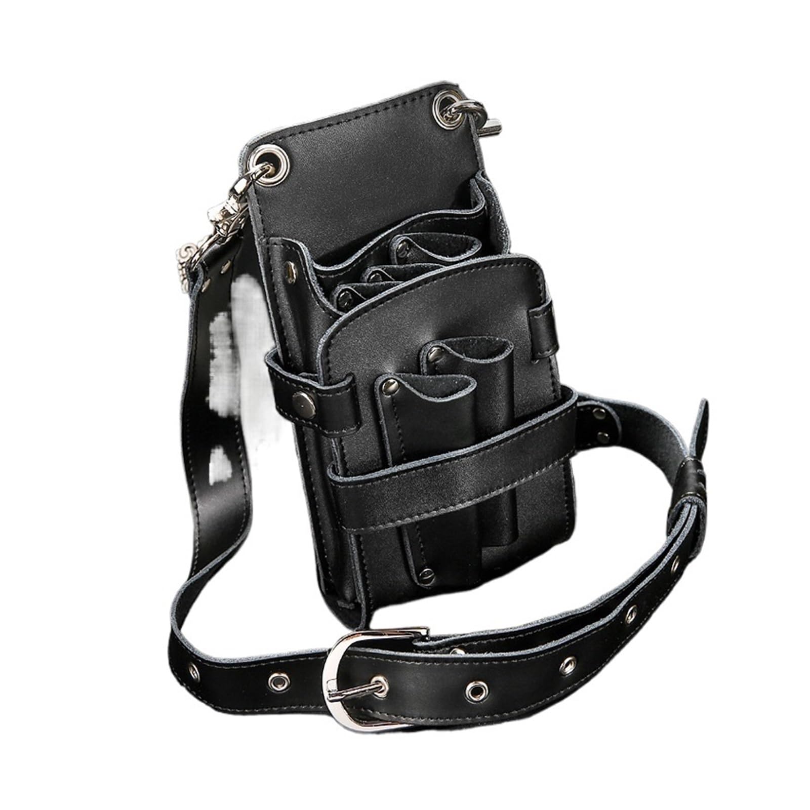 Leder Haarscherentasche Clips Tasche Friseurscherenholster Beutelhalter Fall mit Hüftgurt(Black)