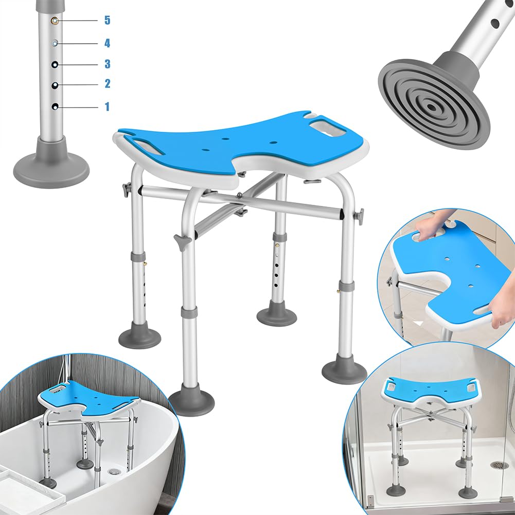 BAKAJI Sgabello da Doccia per Anziani, Disabili e Persone con Mobilità Ridotta, Sedile Ergonomico e Struttura in Alluminio Peso Max. 130kg, Sedia da Basca con Fori di Drenaggio e Altezza Regolabile