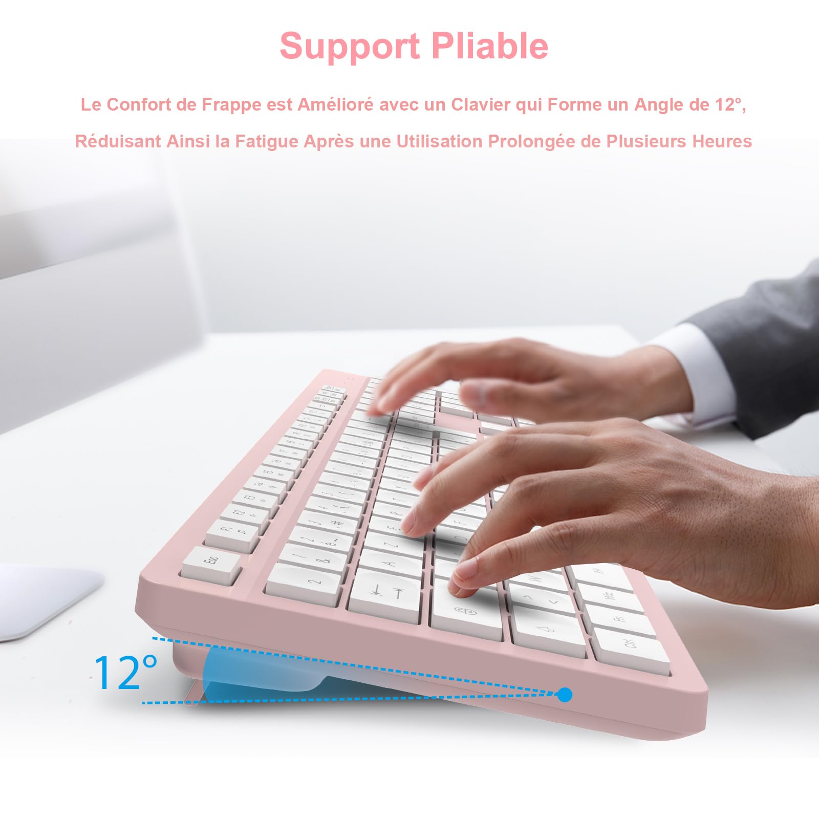 LeadsaiL Ensemble Clavier et Souris sans Fil, Ultra Mince and Silencieux Clavier AZERTY Français Pleine Taille 2.4G avec Récepteur USB pour PC, Ordinateur Portable, Windows, Mac -Rose