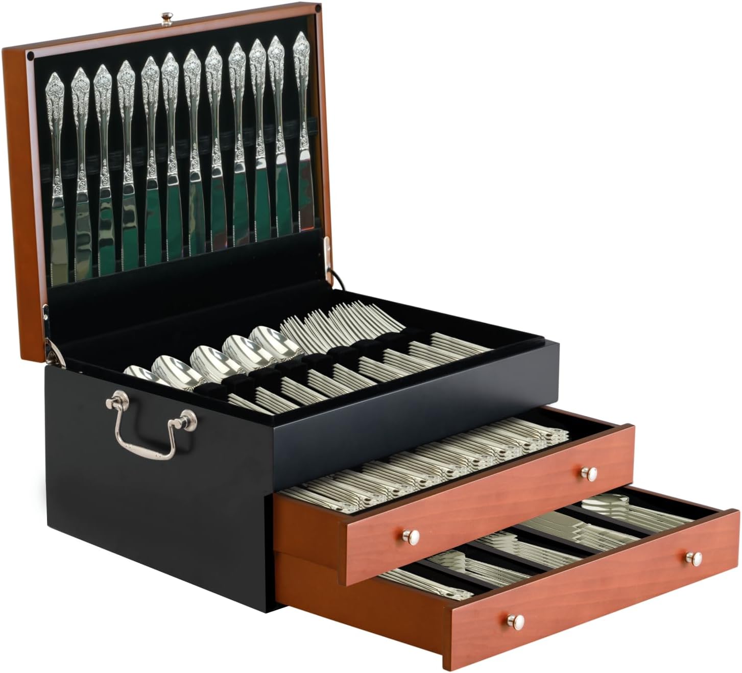 Silverware Storage Box Flatware Storage Case with Dual Tone Wooden Finish Drawer and Tarnish Proof Felt Lining to Store Sterling Silver Ware Cutlery Sets 15x11 Inch Size Service for 14 3 Tier
