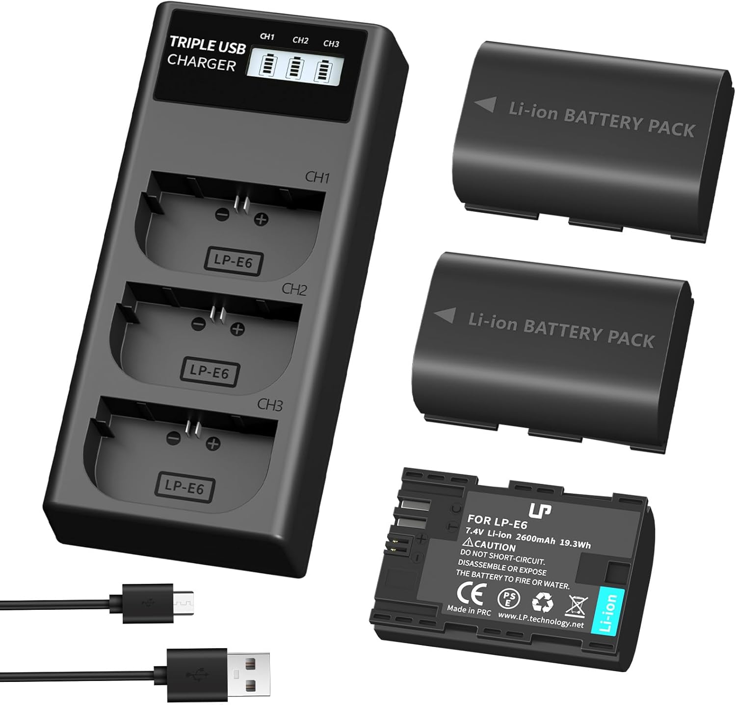 LP LP-E6 LPE6N Battery Charger Pack, 3-Pack Battery+Triple Slot Charger Compatible with Canon EOS R6 R5 R 90D 80D 70D 60D 60DA 6D 6D Mark II 5D Mark II/III/IV 5DS 5DS R 7D 7D Mark II XC15 XC10 4K/6K