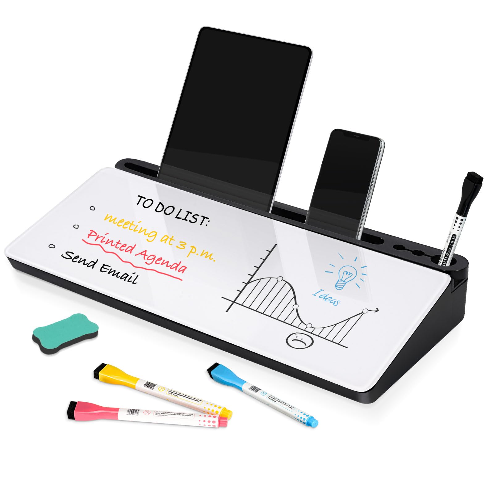DOLLAR BOSS Glass Desk Whiteboard Small Dry Erase Board Desktop White Board with Storage Drawer Computer Keyboard Stand Desk Organizer School Supplies Office Accessories with 4 Markers 1 Eraser, White