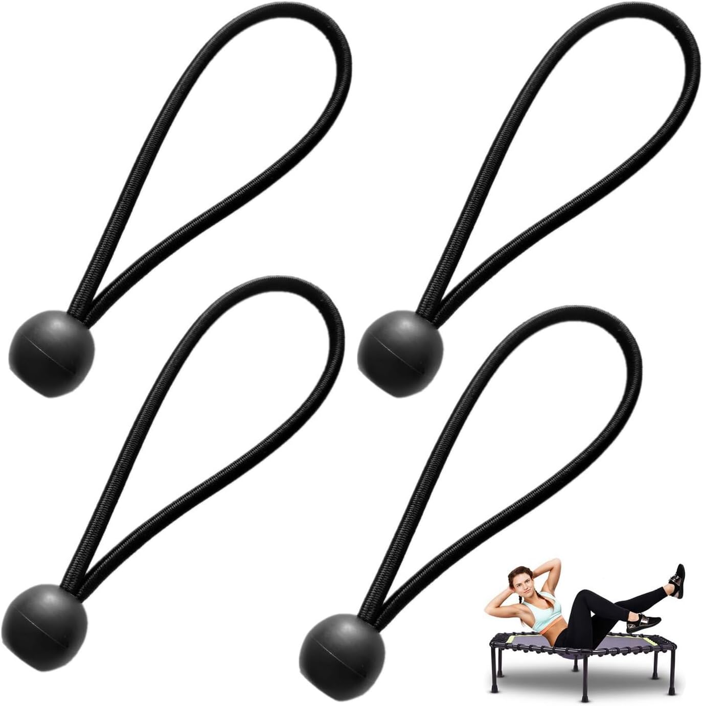 4 Pack Rebounder Trampoline Bungee Cords Replacement 6 Inch Bungee Balls Black Ball Bungee Elastic Straps for 40"/48" Mini Rebounder Trampoline Mini Trampoline Foldable Fitness Trampoline