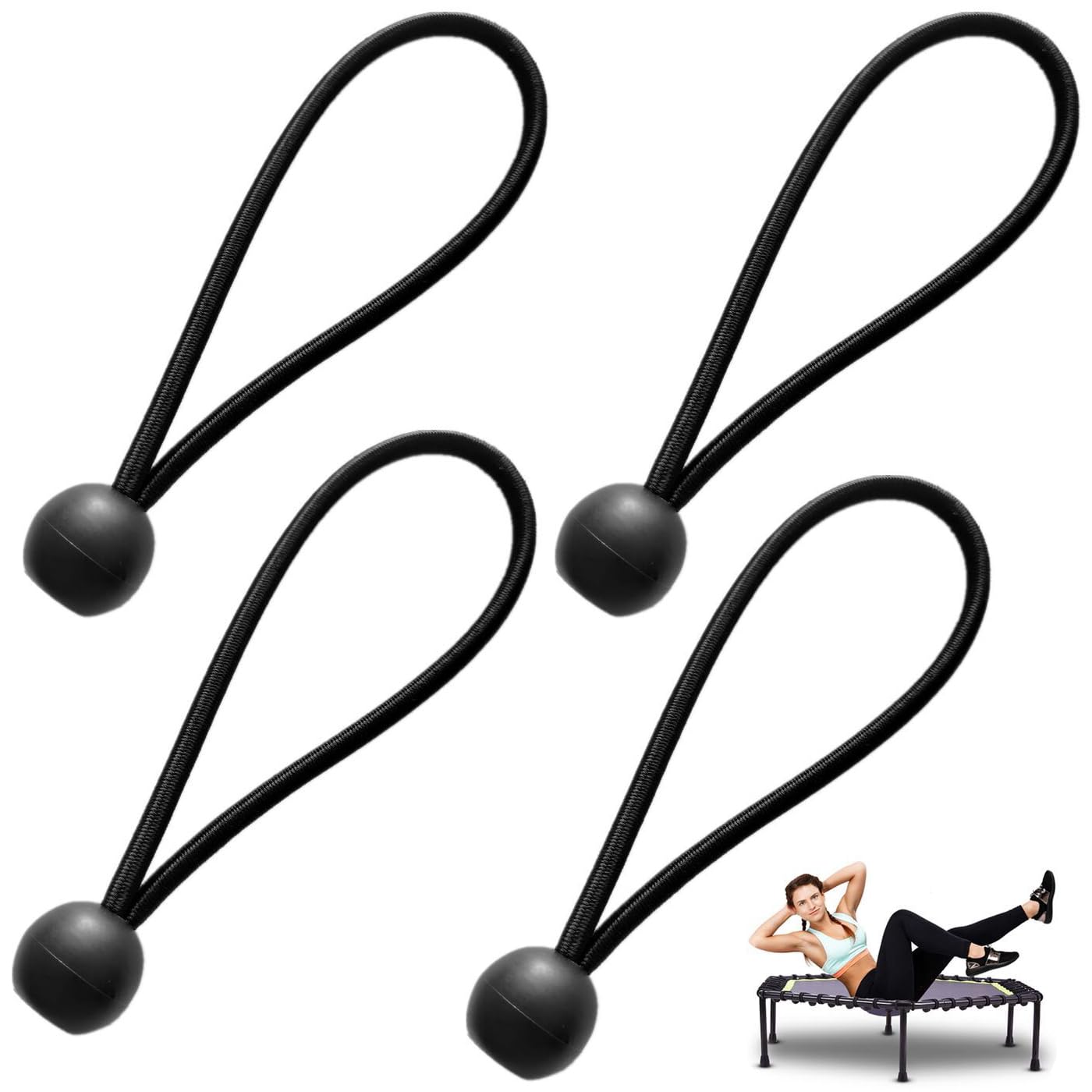 SquEqu 4 Pack Rebounder Trampoline Bungee Cords Replacement 6 Inch Bungee Balls Black Ball Bungee Elastic Straps for 40"/48" Mini Rebounder Trampoline Mini Trampoline Foldable Fitness Trampoline