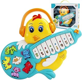 لعبة بيانو موسيقية للأطفال، لوحة مفاتيح تعليمية على شكل حيوانات مع أرقام، أداة موسيقية تعليمية للأطفال مع سماعات رأس، لون أصفر وأزرق