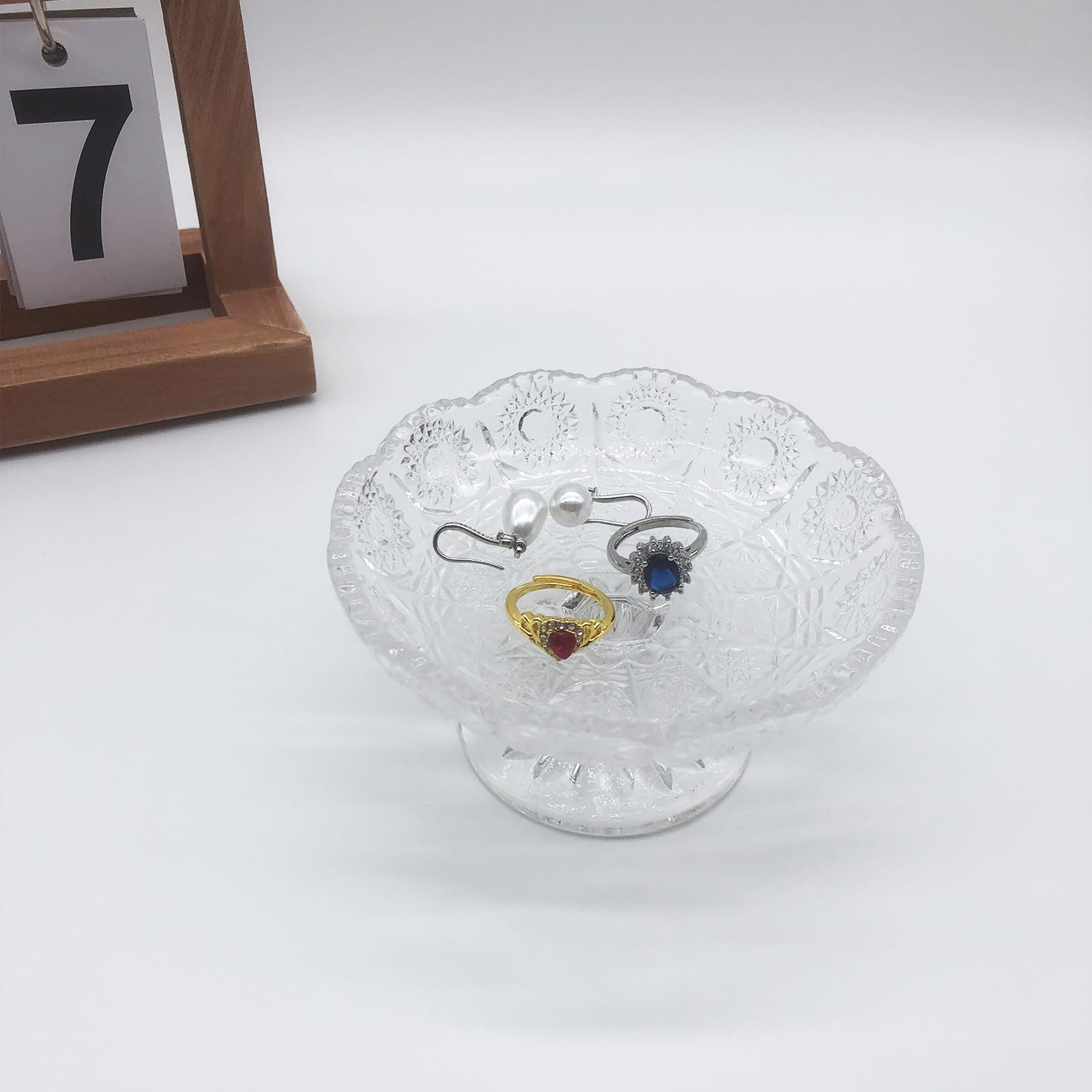 BESSKON Glass Flower Jewelry Dish - Crystal Ring Holder Tray For Nightstand, Clear