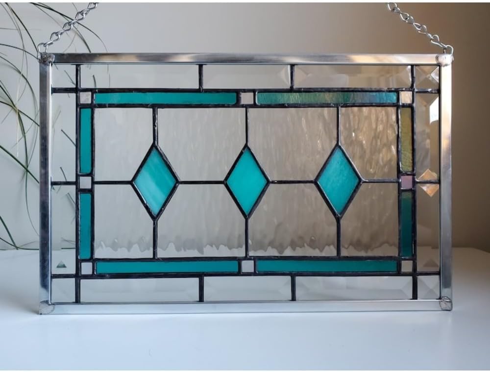 LIUMT Iridescent Teal Stained Glass Panel Suncatcher, Stained Glass Window Hanging, Wall Ornament, Wall Hanging, 14 "W x 9 "H, Art Suncatcher for Window Home Decor