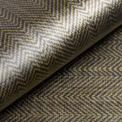VEELIKE Black Gold Metallic Grasscloth Wallpaper 15.7''x354'' Textured Herringbone Peel