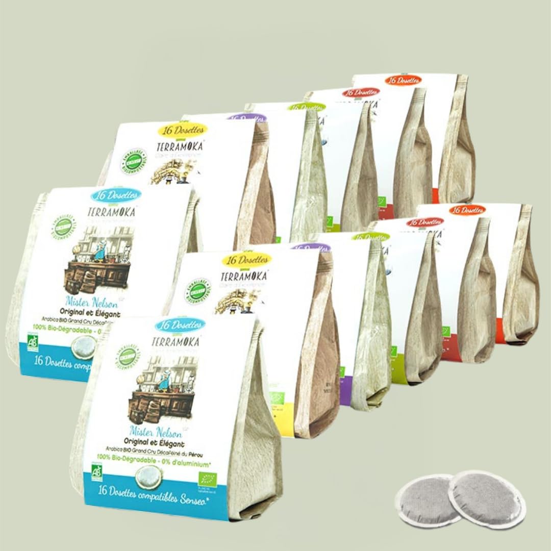 TERRAMOKA - Coffret Découverte 192 Dosettes Compatibles avec Senseo Café Bio d’excellence (12 * 16) - 100% Pur Arabica - Riche et Savoureux - Sachet 100% Recyclable - Idée cadeau - Torréfié en France