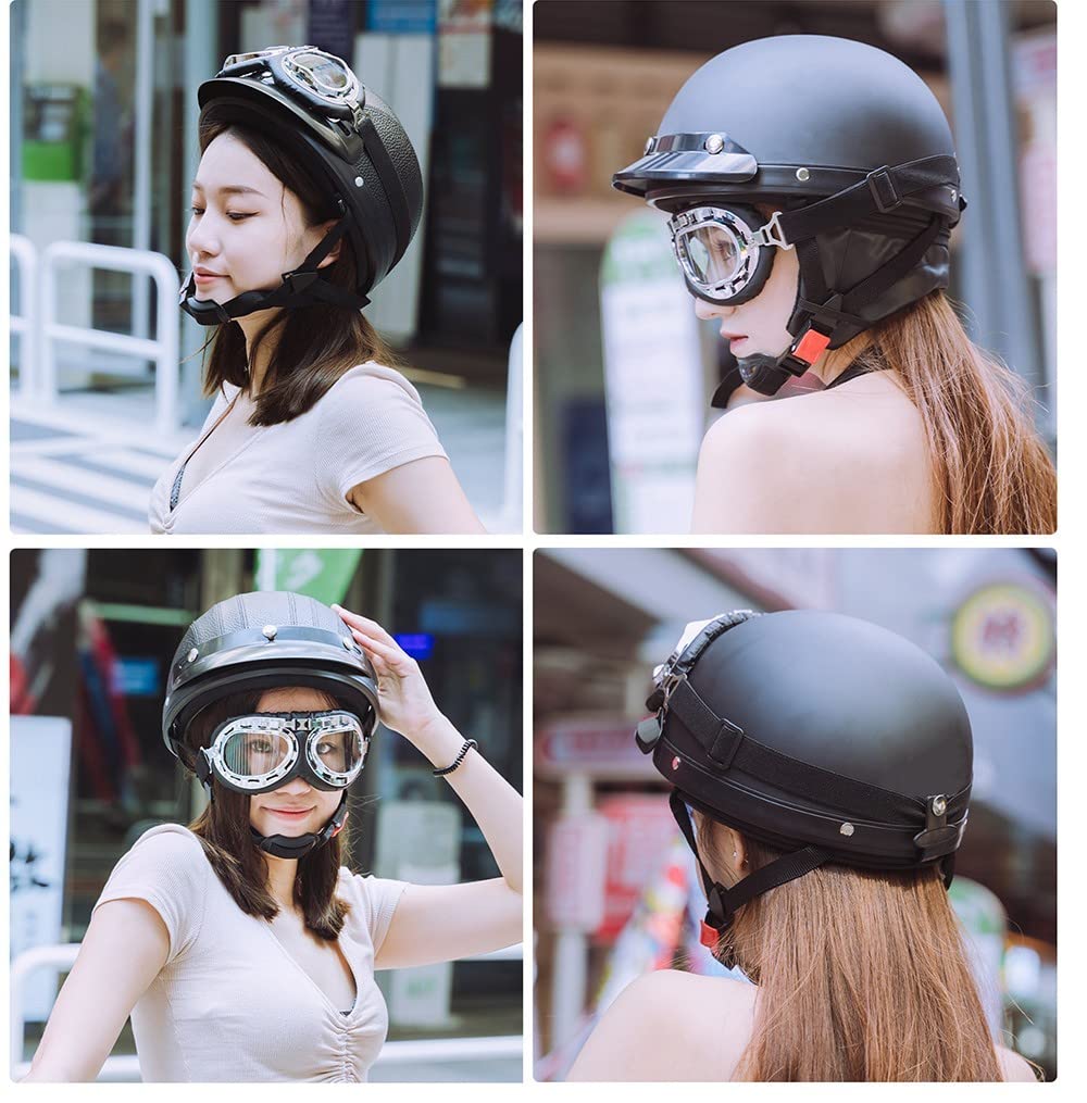 Casco Moto Mezzo Casco Aperto con Occhiali E Sciarpa, Casco Stile Tedesco Vintage per Uomini E Donne Approvato DOT/ECE Casco Moto Scooter Skateboard (55-62 Cm)