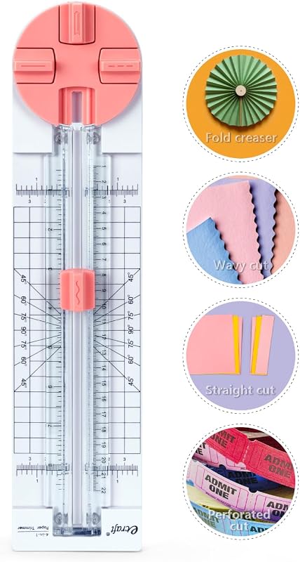 Pink Paper Cutter 4-in-1 Paper Trimmer Multi-Function Scrapbooking Tool with Straight, Wave, Perforated & Creasing Blades for Craft Paper,Cardstock, Coupon, Label, Photo,Postcard