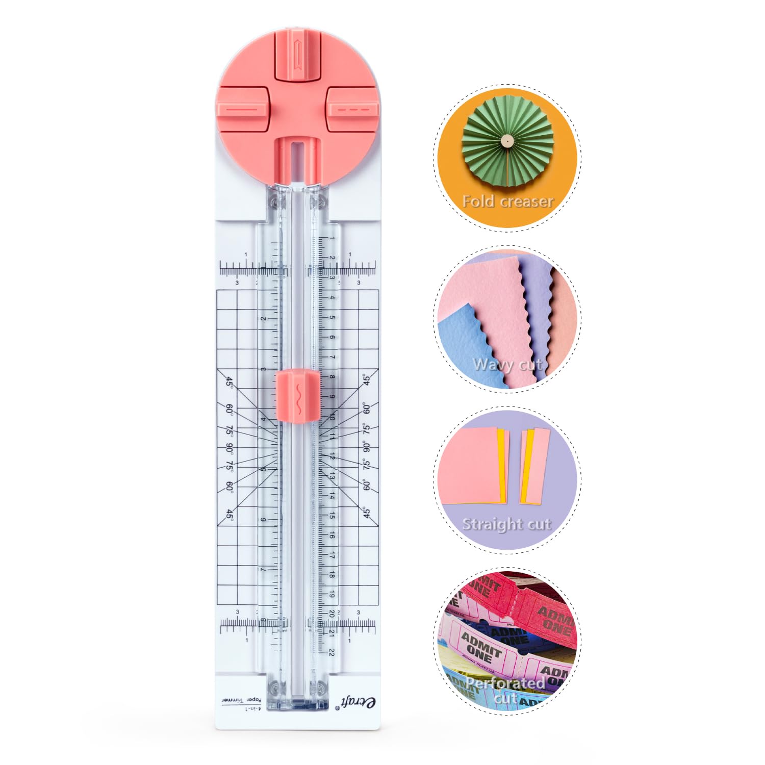 Ecraft Pink Paper Cutter 4-in-1 Paper Trimmer Multi-Function Scrapbooking Tool with Straight, Wave, Perforated & Creasing Blades for Craft Paper,Cardstock, Coupon, Label, Photo,Postcard