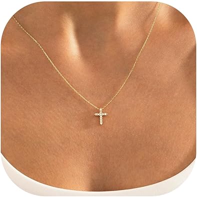 MONOZO Easter Basket Stuffer Cross Necklace for Women Girls, 14K Gold Plated Layered Cross Necklace Tiny Sideway Choker CZ Necklaces for Women Trendy Christian Baptism Religious Faith Jewelry Gifts