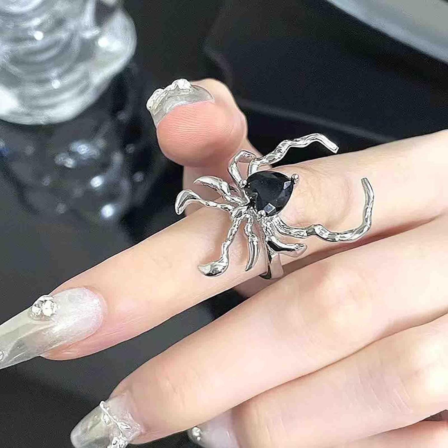 Gothic Onyx Spider Ring Silver Spider Finger Ring Large Spider Ring Black Crystal Spider Ring Halloween Spider Statement Ring Adjustable Open Ring Jewelry for Women - Image 5