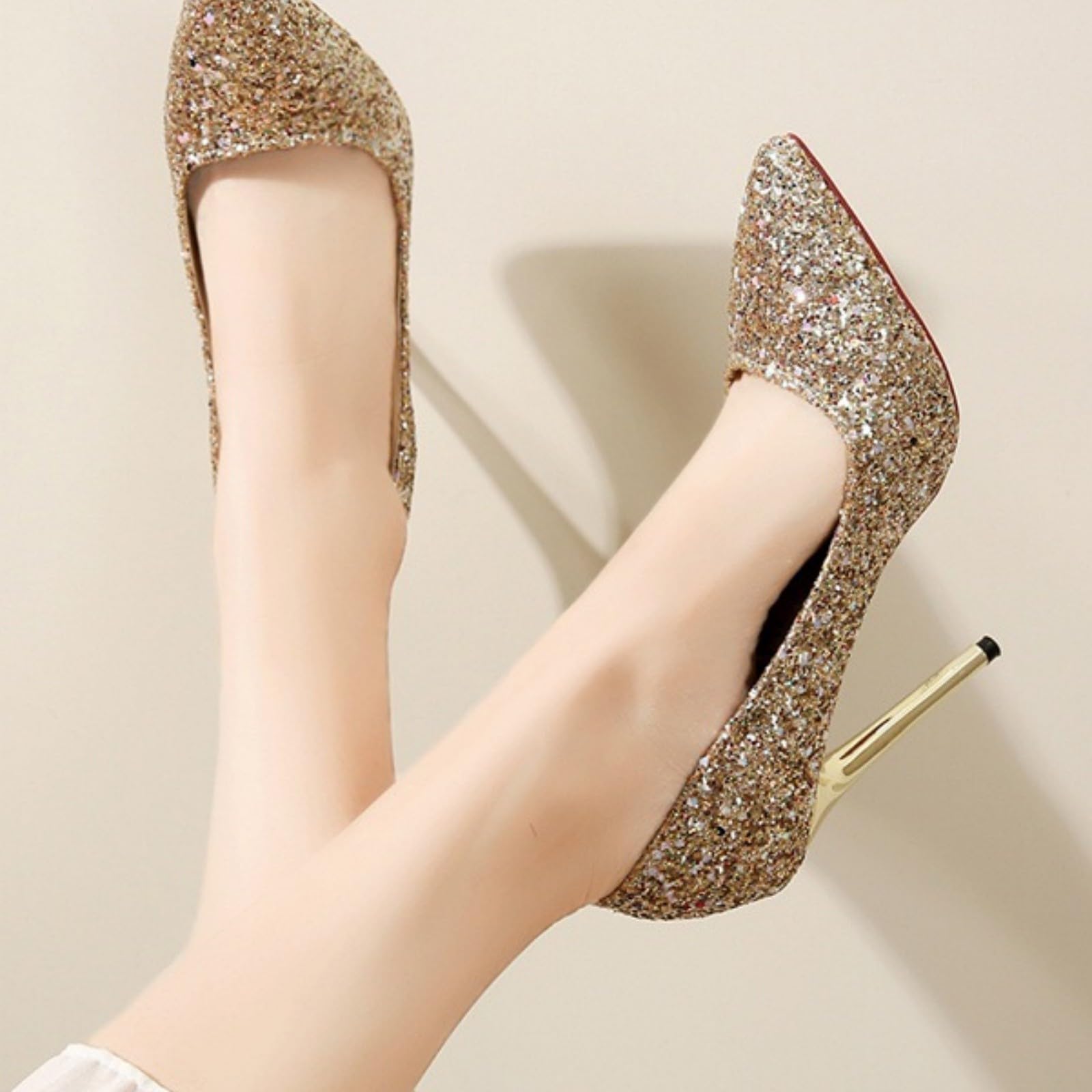décolleté da donna eleganti con glitter, tacchi alti, eleganti scarpe da sposa | Scarpe da sera senza chiusura, comode scarpe con tacco a punta, scarpe da sposa leggere alte per matrimoni e feste