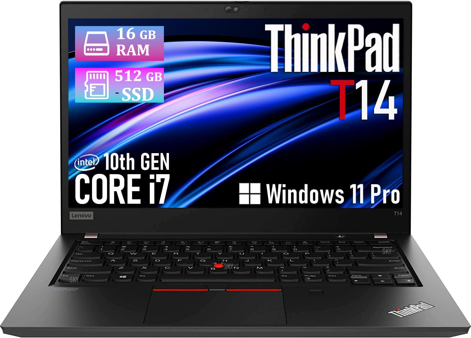 Lenovo ThinkPad T14 Gen 1 Ordinateur Portable, 14" FHD - Core i7-10610U Intel, 16 Go de RAM, SSD de 512 Go, Clavier QWERTY américain, Thunderbolt 3, Webcam, Windows 11 Pro (Reconditionné)