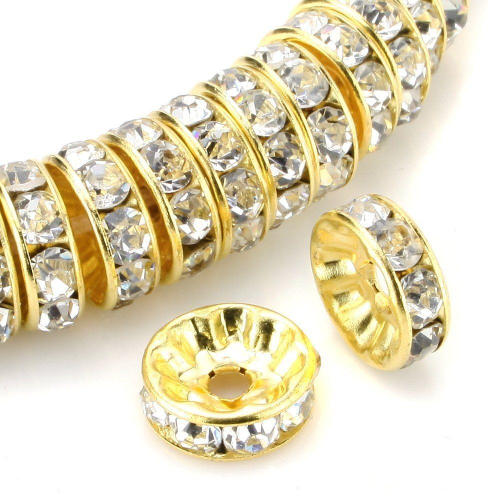 100pcs Adabele Grade A 6mm (0.24 Inch) Crystal Rhinestone Rondelle Spacer Loose Beads Gold Plated Brass Round Metal Beads CF7-601