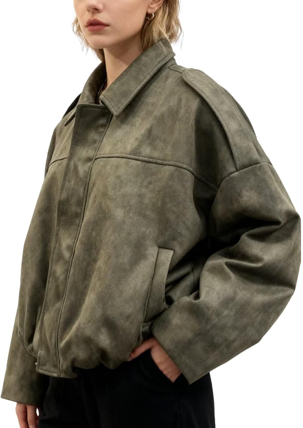 Jinsha Women's Cropped Faux Suede Bomber Jacket Fall Lapel Zipper Coat Casual Oversized Trendy Streetwear Outerwear - Image 2