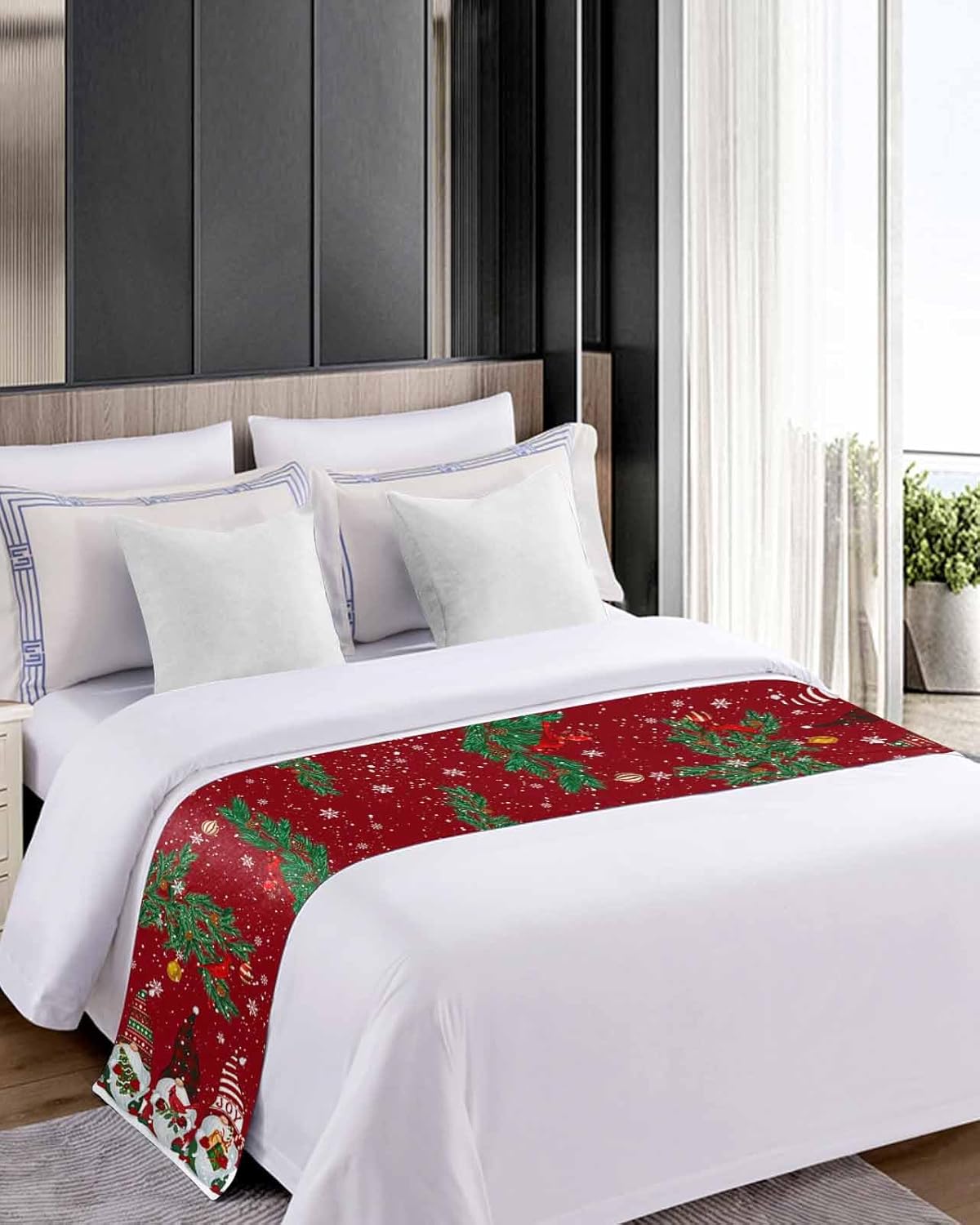 Christmas Bed Runner Scarf Christmas Cute Gnome Xmas Tree Bird Snowflake Bedding Scarf Decorative Bed Runners Cover for Home Bedroom Hotel Wedding Room Bed Scarf for Foot of Bed King 102x20in
