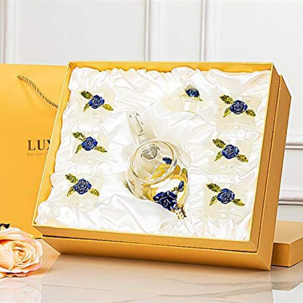 Bеѕt Cуbеr Dеаlѕ 🔥 Affogato Glass Teapot - 280 ml (9.47 oz) - with 6 Cups France Enamel Blue Rose Flower Butterfly Decoration Heat Resistant Glass Teapot Kettle with Strainer for Blooming Tea, Loose Leaf Tea