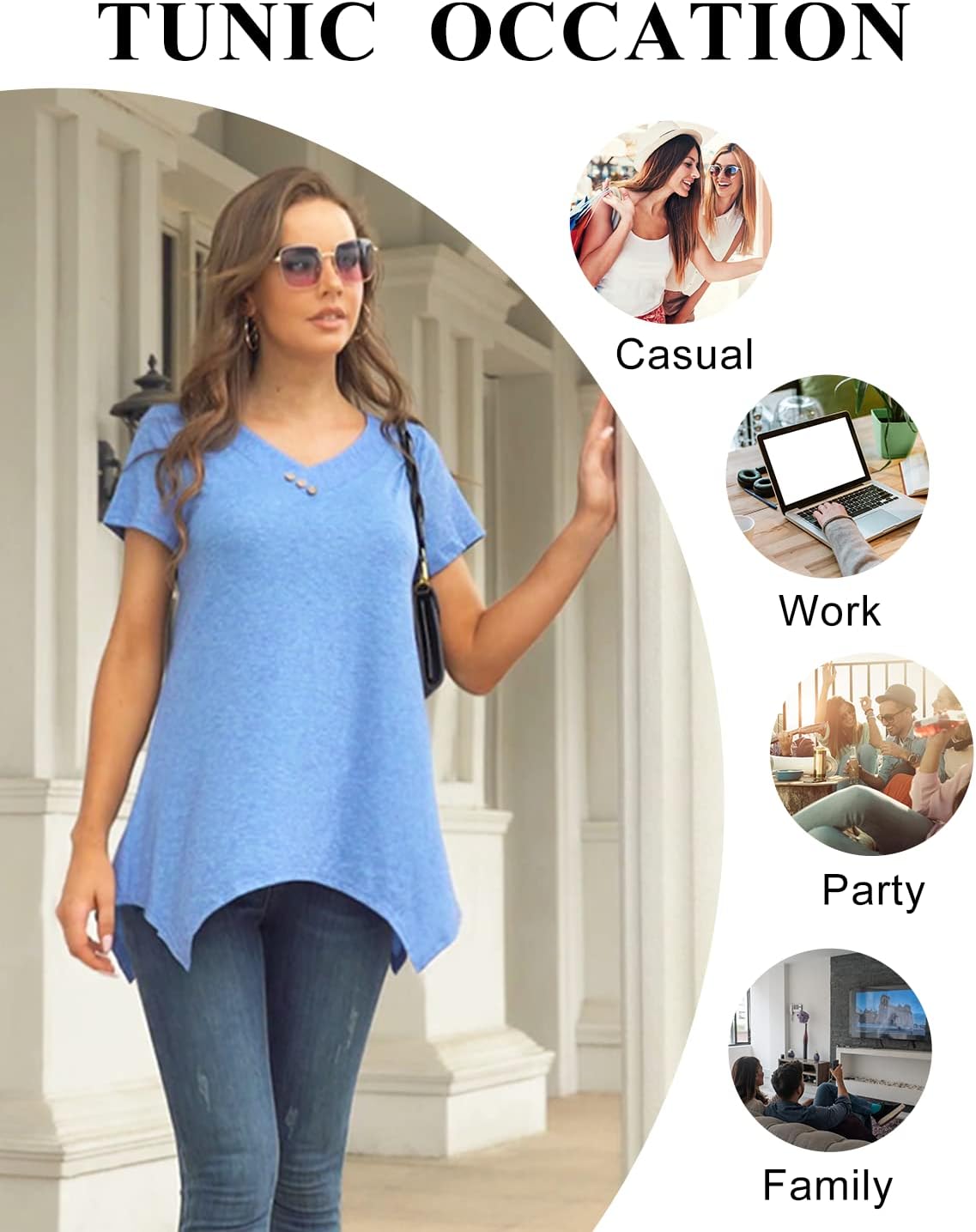 Miusey Womens Short Sleeve V Neck Asymmetrical Hemline Flowy Blouse Handkerchief Hem Tunic Tops - Image 4