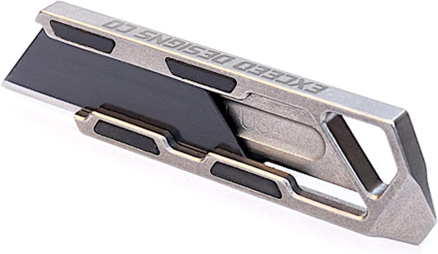 Exceed Designs TIRANT RAZOR-M 3.0 Magnetic Slide (Stonewashed) 6Al-4V Titanium Utility Knife & Pry Bar, EDC Knife, Box Cutter, MADE IN USA (Jet-Black Magnets/NO Clip)