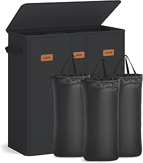SONGMICS 47.6 Gallon (180 L) Laundry Hamper, 3-Compartment Laundry Baske...