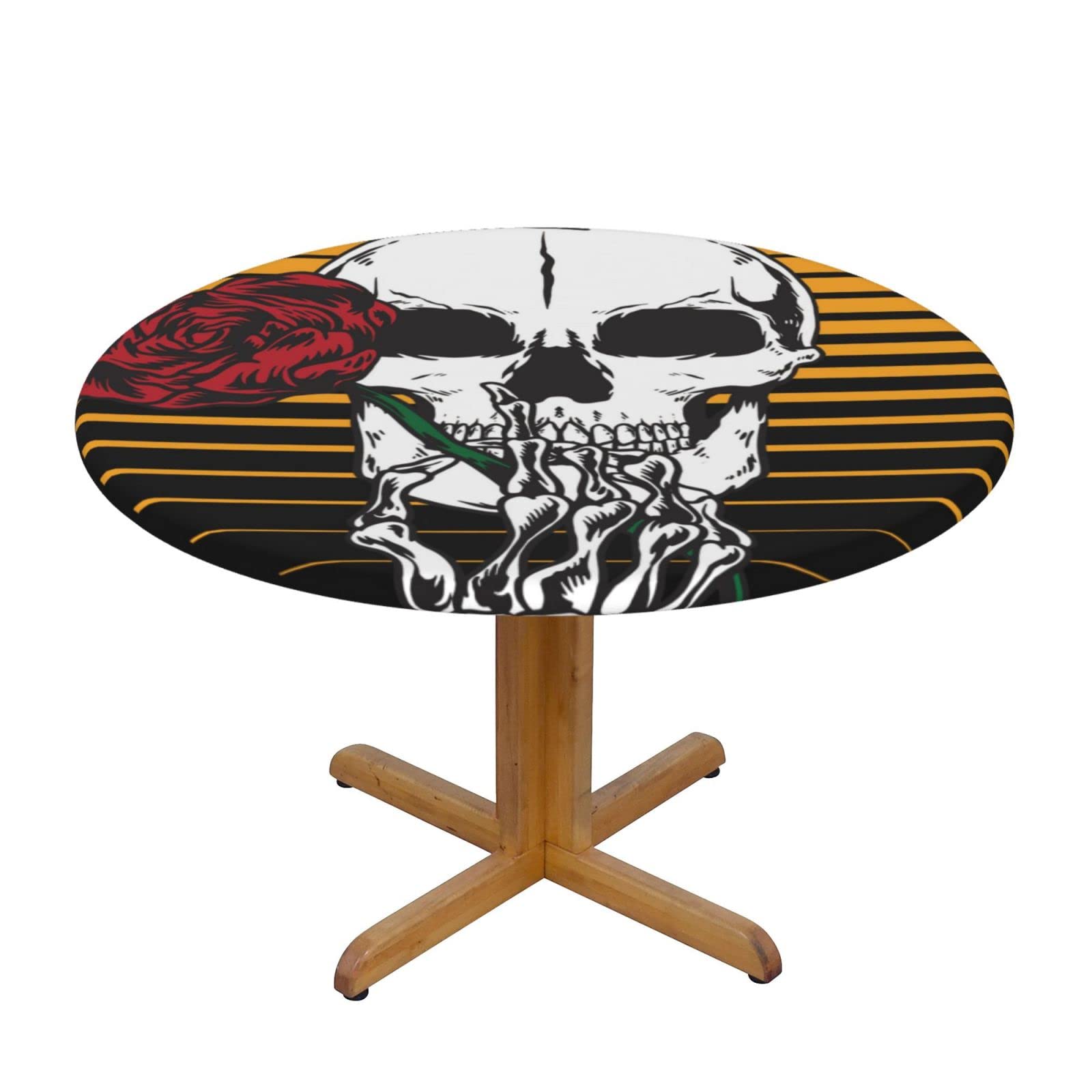 Lsjuee Round Fitted Tablecloth 40-44in Elastic Edged Table Cloth for Kitchen Dining Party Home Decor - Rose Skull Abstract Sun