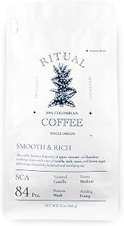 Ritual Specialty Coffee - Colombian Single Origin Whole Bean Coffee, Low Acid, Smooth & Rich, SCA 84+ Score (Caramel, Vanilla, Cocoa), Medium Roast, 12oz (340g), 100% Arabica Castillo Variety.