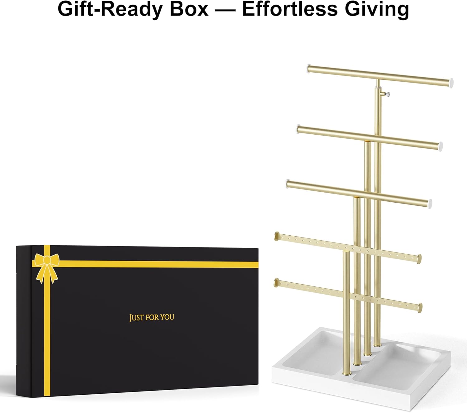 Love-KANKEI Jewelry Organizer Stand,5 Tier Large Necklace Holder with Wood Base,Jewelry holder stand Tree for Display,Bracelets Earrings Rings,Height Adjustable Gift White and Gold