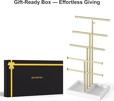 Love-KANKEI Jewelry Organizer Stand 5-Tier,Adjustable Height,White/Gold | Metal Rod,Solid Wood Base,Easy to Install,Tree Style,Display Long Necklaces,Bracelets,Earrings,Rings,Watches,Bangles,Gift