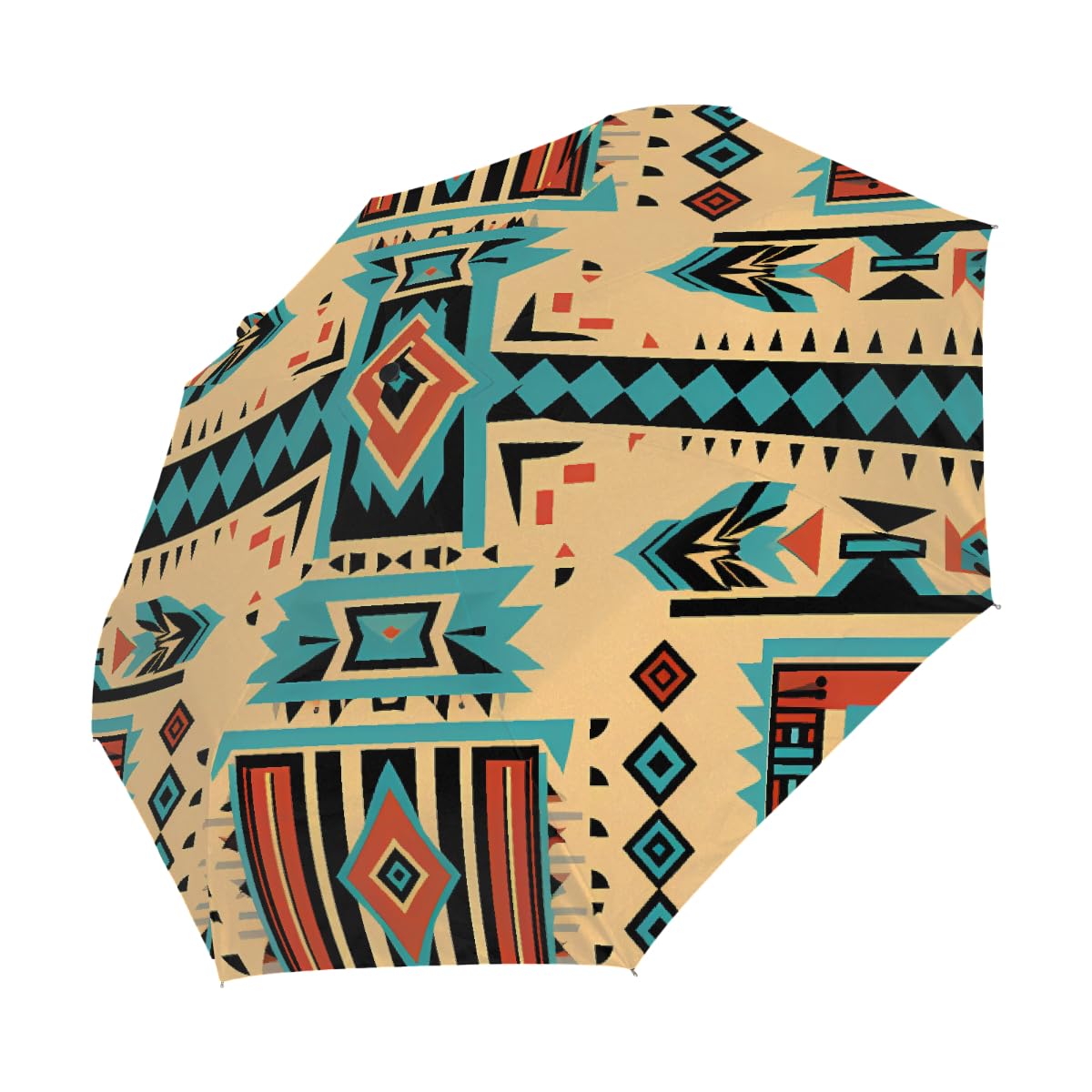 Ombrello pieghevole da viaggio con motivo etnico azteco, compatto, antivento, impermeabile, con protezione UV, rivestimento nero, leggero, 8 costine, portatile, per pioggia e sole